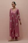 Buy_KORA_Pink Silk Embroidery Floral U Neck Floret Yoke Pleated Kurta Pant Set _Online_at_Aza_Fashions