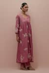 Shop_KORA_Pink Silk Embroidery Floral U Neck Floret Yoke Pleated Kurta Pant Set _Online_at_Aza_Fashions