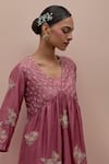 KORA_Pink Silk Embroidery Floral U Neck Floret Yoke Pleated Kurta Pant Set _at_Aza_Fashions