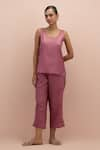 KORA_Pink Silk Embellished Bead Top V-neck Floral Applique With Pant _Online_at_Aza_Fashions