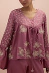 Buy_KORA_Pink Silk Embellished Bead Top V-neck Floral Applique With Pant 