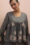 KORA_Grey Silk Embellished Bead Top V-neck Applique Floral With Pant _at_Aza_Fashions