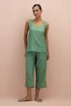 KORA_Green Silk Embellished Bead Top V-neck Applique With Pant _Online_at_Aza_Fashions