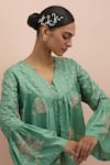 KORA_Green Silk Embellished Bead Top V-neck Applique With Pant _at_Aza_Fashions