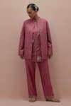 Buy_KORA_Pink Silk Embellished Bead  Collar Quilted Jacket Pant Set _at_Aza_Fashions