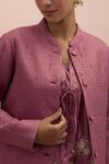 KORA_Pink Silk Embellished Bead  Collar Quilted Jacket Pant Set _Online_at_Aza_Fashions