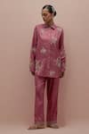 Shop_KORA_Pink Silk Embellished Bead  Collar Quilted Jacket Pant Set _Online_at_Aza_Fashions