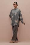 KORA_Grey Silk Embellished Bead Shirt Collar Floral Applique With Pant _Online_at_Aza_Fashions