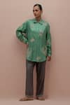 KORA_Green Silk Embellished Bead  Collar Quilted Jacket Pant Set _Online_at_Aza_Fashions