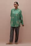 Buy_KORA_Green Silk Embellished Bead  Collar Quilted Jacket Pant Set _Online_at_Aza_Fashions