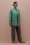 Shop_KORA_Green Silk Embellished Bead  Collar Quilted Jacket Pant Set _Online_at_Aza_Fashions