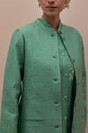 KORA_Green Silk Embellished Bead  Collar Quilted Jacket Pant Set _at_Aza_Fashions