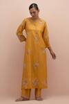 KORA_Yellow Kurta And Pant Silk Embellished Bead Notched Floral Set _Online_at_Aza_Fashions