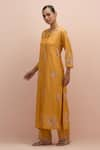 Buy_KORA_Yellow Kurta And Pant Silk Embellished Bead Notched Floral Set _Online_at_Aza_Fashions