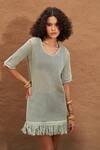 Buy_Shop Nirvanaa_Green Cotton Fringe Round Neck Amaya Knit Dress _Online_at_Aza_Fashions