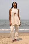 Buy_Shop Nirvanaa_Beige 100% Linen Embroidery Thread Halter Ava Backless Top _at_Aza_Fashions