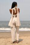 Shop_Shop Nirvanaa_Beige 100% Linen Embroidery Thread Halter Ava Backless Top _at_Aza_Fashions