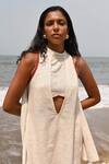 Buy_Shop Nirvanaa_Beige 100% Linen Embroidery Thread Halter Ava Backless Top _Online_at_Aza_Fashions