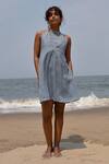 Buy_Shop Nirvanaa_Blue Linen Embroidery Round Neck Zoe Tie-up Mini Dress _at_Aza_Fashions