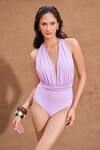 Buy_Shop Nirvanaa_Purple Recycled Italian Fabric Halter V Neck Trilogy Back Less Monokini _at_Aza_Fashions