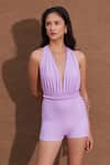 Buy_Shop Nirvanaa_Purple Recycled Italian Fabric Plunge V Trilogy Draped Neck Monokini _Online_at_Aza_Fashions