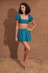 Buy_Shop Nirvanaa_Blue Recycled Italian Fabric Solid Square Macan Crop Top With Pleated Skirt _at_Aza_Fashions