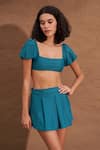 Shop Nirvanaa_Blue Recycled Italian Fabric Solid Square Macan Crop Top With Pleated Skirt _Online_at_Aza_Fashions