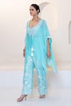 Shruti Sancheti_Blue Raw Silk And Habotai Embroidered Mirror Bustier Cape Kaftan Pant Set _Online_at_Aza_Fashions