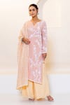 Buy_Shruti Sancheti_Peach Habotai Embroidered Sequin Notched Round Floral Placement Kurta Set _at_Aza_Fashions