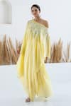 Buy_Shruti Sancheti_Yellow Hatobai Silk Embroidered Sequin Asymmetric Floral Cape With Skirt _at_Aza_Fashions