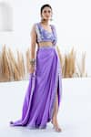 Buy_Shruti Sancheti_Purple Pearl Crepe Embroidered Thread Leaf Floral Pre-draped Saree And Blouse Set _at_Aza_Fashions