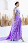 Shruti Sancheti_Purple Pearl Crepe Embroidered Thread Leaf Floral Pre-draped Saree And Blouse Set _Online_at_Aza_Fashions