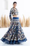 Shop_Shruti Sancheti_Blue Hatobai Silk Embroidered Thread Shawl Flora And Fauna Skirt With Crop Top _Online_at_Aza_Fashions