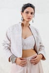 Shruti Sancheti_Beige Raw Silk Embroidered Mirror Crop Jacket Band Bustier Set _Online_at_Aza_Fashions