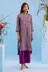 Buy_Surmaye_Multi Color Handwoven Silk Satin Striped Shawl Collar Mystic Kurta With Pant _at_Aza_Fashions