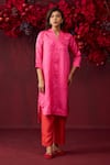 Buy_Surmaye_Pink Handwoven Silk Satin Striped Shawl Collar Mystic Pattern Kurta With Pant _at_Aza_Fashions