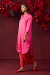 Surmaye_Pink Handwoven Silk Satin Striped Shawl Collar Mystic Pattern Kurta With Pant _Online_at_Aza_Fashions