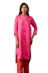 Buy_Surmaye_Pink Handwoven Silk Satin Striped Shawl Collar Mystic Pattern Kurta With Pant 