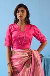 Buy_Surmaye_Pink Handwoven Silk Satin Striped Split V Neck Cheerful Pattern Blouse _at_Aza_Fashions