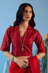 Buy_Surmaye_Red Handwoven Mulberry Silk Gingham Checkered Camp Collar Enigma Shirt Blouse _at_Aza_Fashions