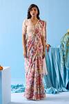 Buy_Surmaye_Beige Handwoven Organza Mulberry Silk Printed Floral Whimsical Garden Saree _at_Aza_Fashions