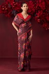 Buy_Surmaye_Burgundy Handwoven Organza Mulberry Silk Printed Floral Eternal Love Saree _at_Aza_Fashions