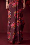 Surmaye_Burgundy Handwoven Organza Mulberry Silk Printed Floral Eternal Love Saree _at_Aza_Fashions