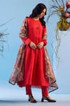 Buy_Surmaye_Red Handwoven Mulberry Silk Vibrant Charm Embroidered Hem Anarkali Pant Set _at_Aza_Fashions