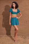 Buy_Shop Nirvanaa_Blue Recycled Italian Fabric Solid Square Mayan Bralette And Pleated Skirt Set _at_Aza_Fashions