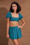 Shop Nirvanaa_Blue Recycled Italian Fabric Solid Square Mayan Bralette And Pleated Skirt Set _Online_at_Aza_Fashions