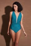 Buy_Shop Nirvanaa_Blue Recycled Italian Fabric Plunge V Trilogy Neck Monokini _at_Aza_Fashions