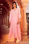 Shop_Aariyana Couture_Pink Kaftan Cotton Silk Hand Embroidery Beads Notched Neck  _Online_at_Aza_Fashions