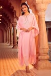 Shop_Aariyana Couture_Pink Kaftan Cotton Silk Hand Embroidery Beads Notched Neck  _at_Aza_Fashions