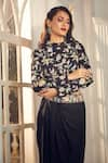 Aariyana Couture_Black Skirt Modal Satin Hand Embroidery Floral Jacket Collared And Draped Set _Online